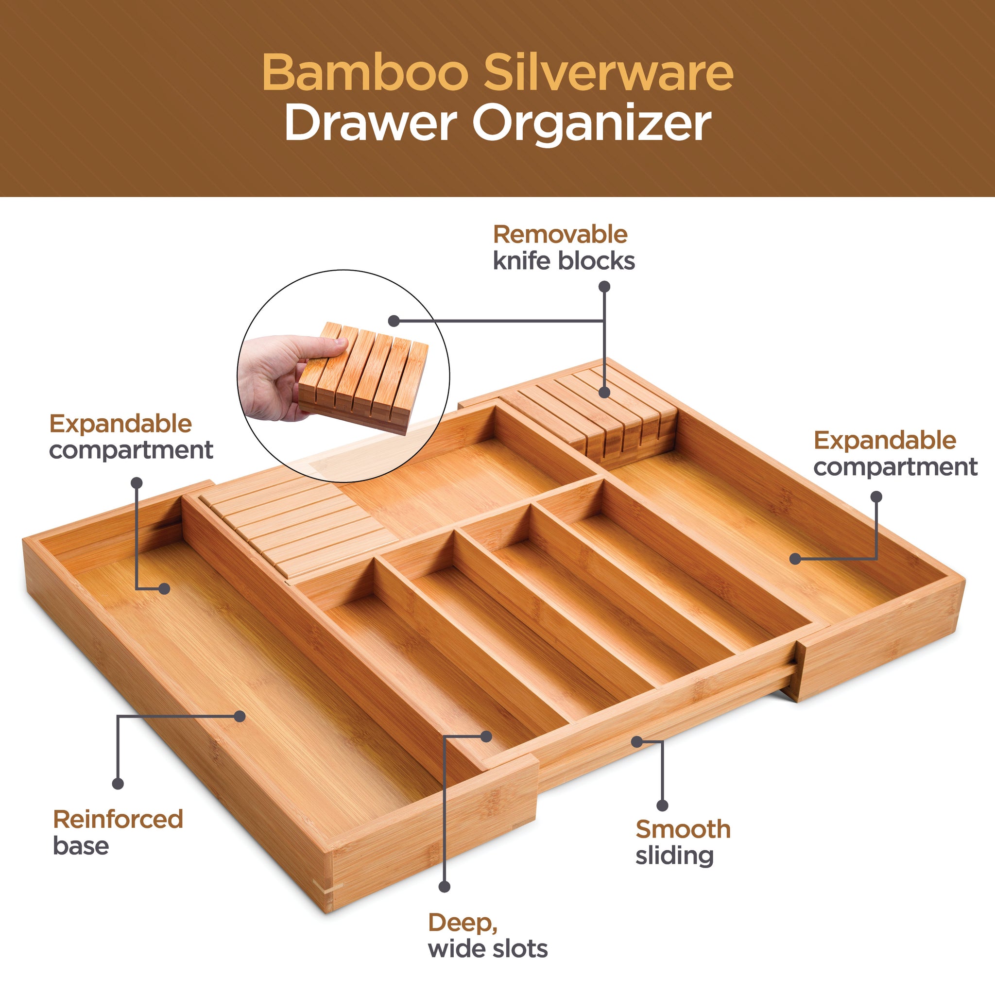 DrawerStore™ Bamboo Compact Cutlery Organizer