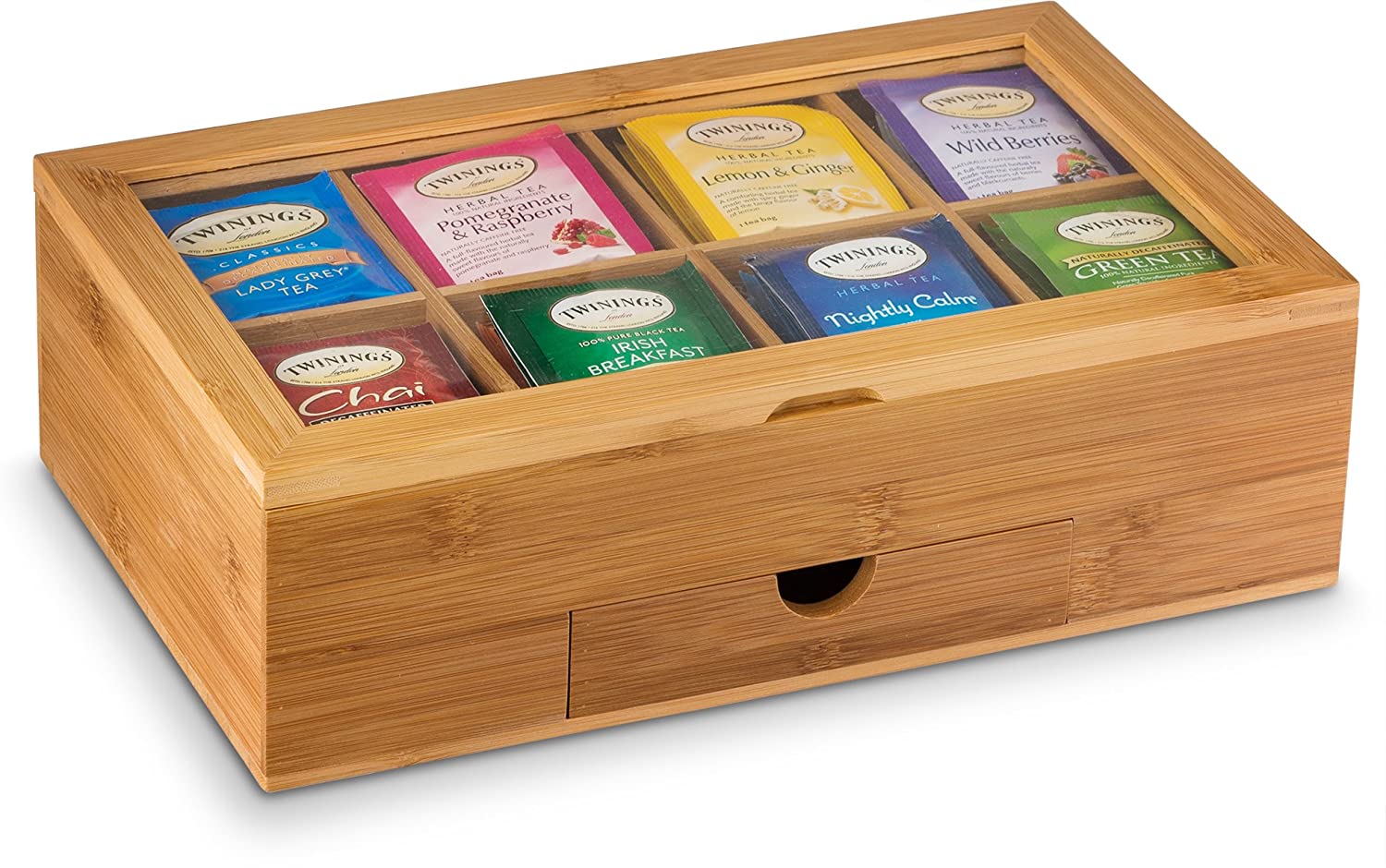 Bamboo Tea Box with 8-Storage Sections and Expandable Drawer