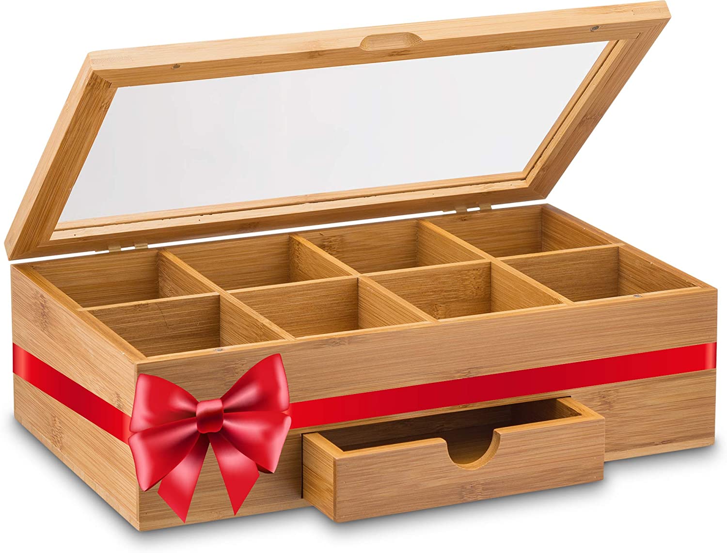 Natural Bamboo Tea Organizer - 6 Compartments, with Plastic Cover - 8 1/2  x 8 x 3 1/2 - 1 count box 