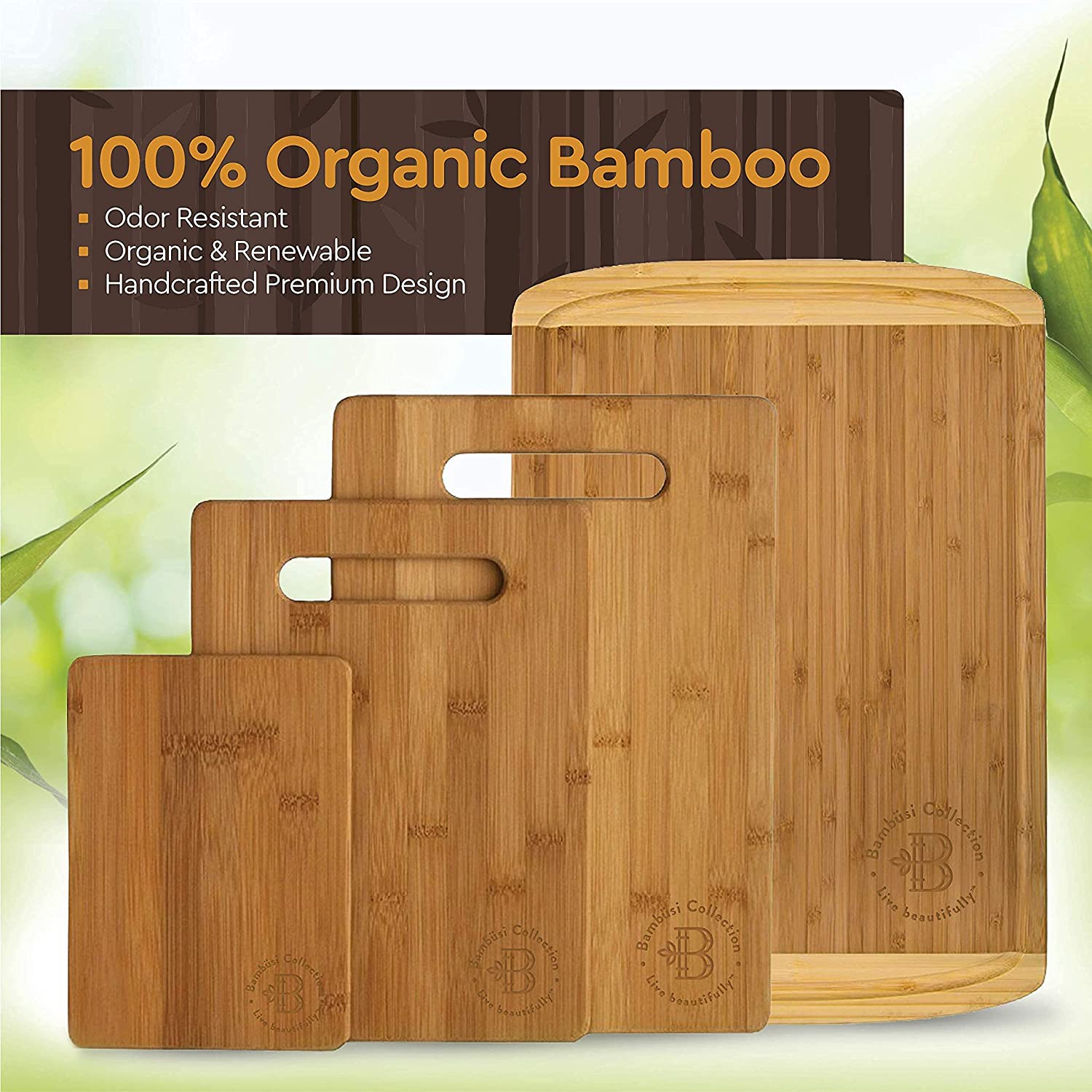 Bambusi Bamboo Cutting, Chopping and Serving Board Medium 12.5 x 9 inch Antibacterial